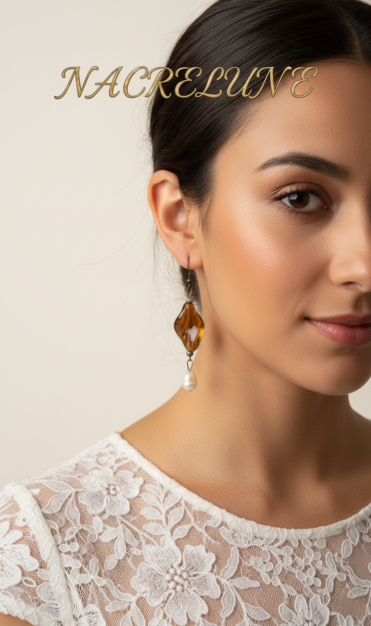 Boucles d’oreilles perles de culture et verre mordoré | NACRELUNE NACRELUNE boucles d'oreille
