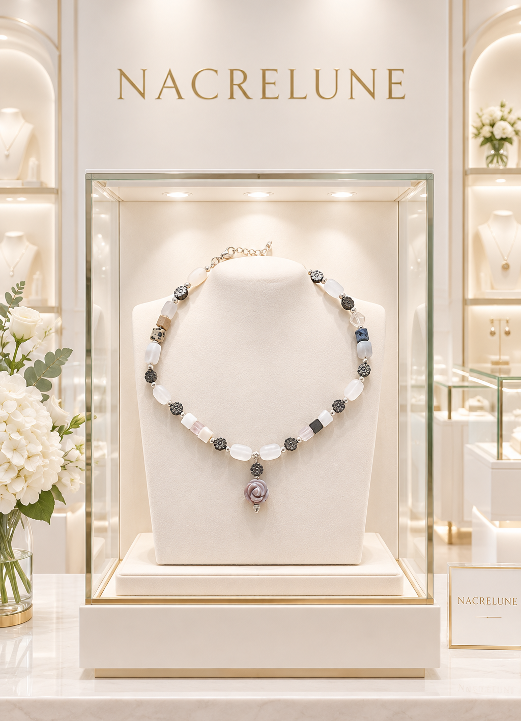 Boutique de luxe lumineuse avec le collier en vitrine