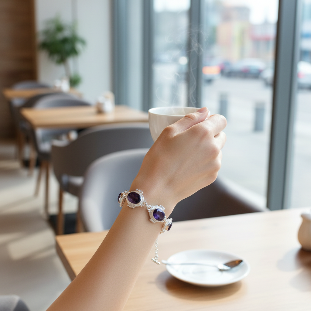 Bracelet en argent avec améthystes taillées (ch pierre 14X10mm) nacrelune.com bracelet