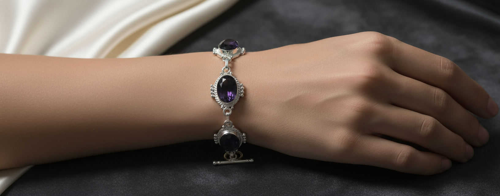 Bracelet en argent avec améthystes taillées (ch pierre 14X10mm) nacrelune.com bracelet