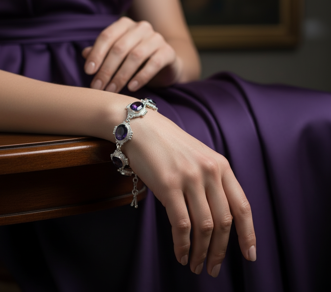 Bracelet en argent avec améthystes taillées (ch pierre 14X10mm) NACRELUNE bracelet