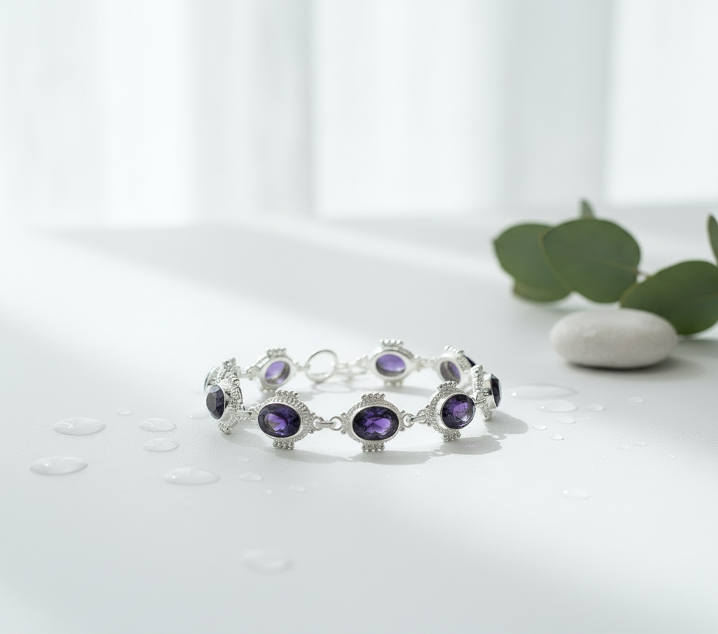 Bracelet en argent avec améthystes taillées (ch pierre 14X10mm) nacrelune.com bracelet