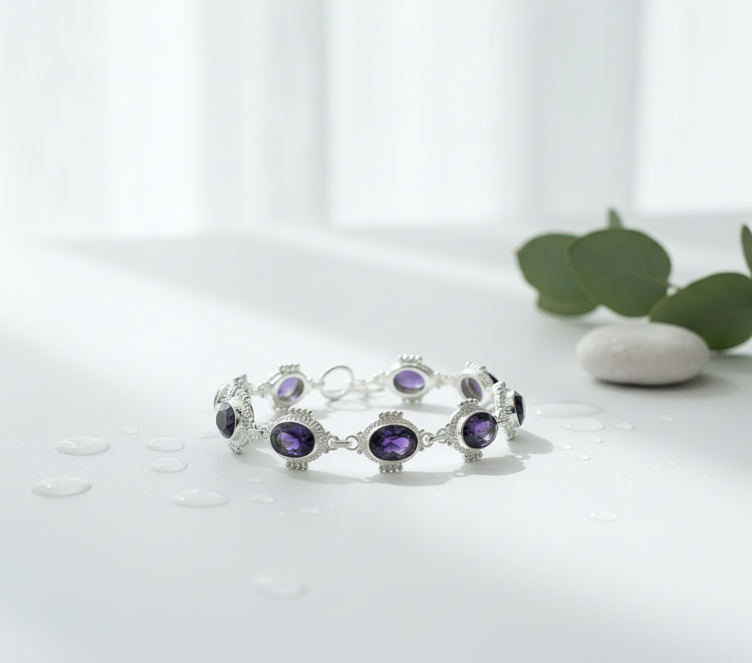 Bracelet en argent avec améthystes taillées (ch pierre 14X10mm) nacrelune.com bracelet