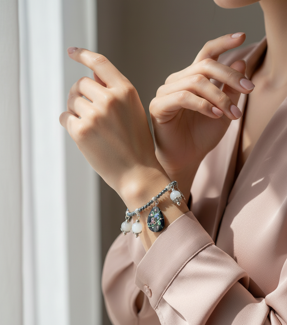 Bracelet en perles fines avec breloques quartz, nacre rose et perle de verre nacrelune.com bracelet