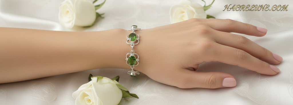 Bracelet en argent avec peridots(olivine) nacrelune.com bracelet