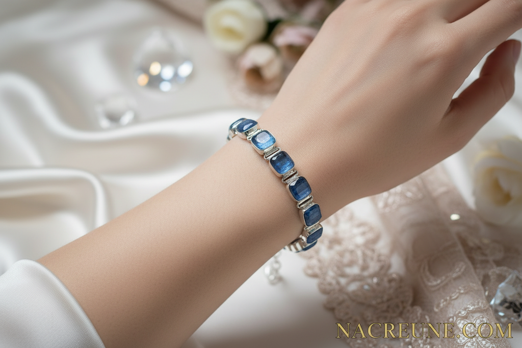 Bracelet en argent avec cyanites polies nacrelune.com bracelet