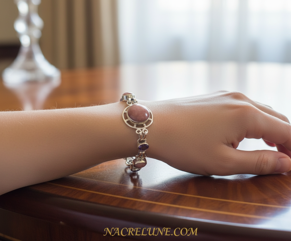 Bracelet en argent avec rhodocrosites et améthystes NACRELUNE bracelet