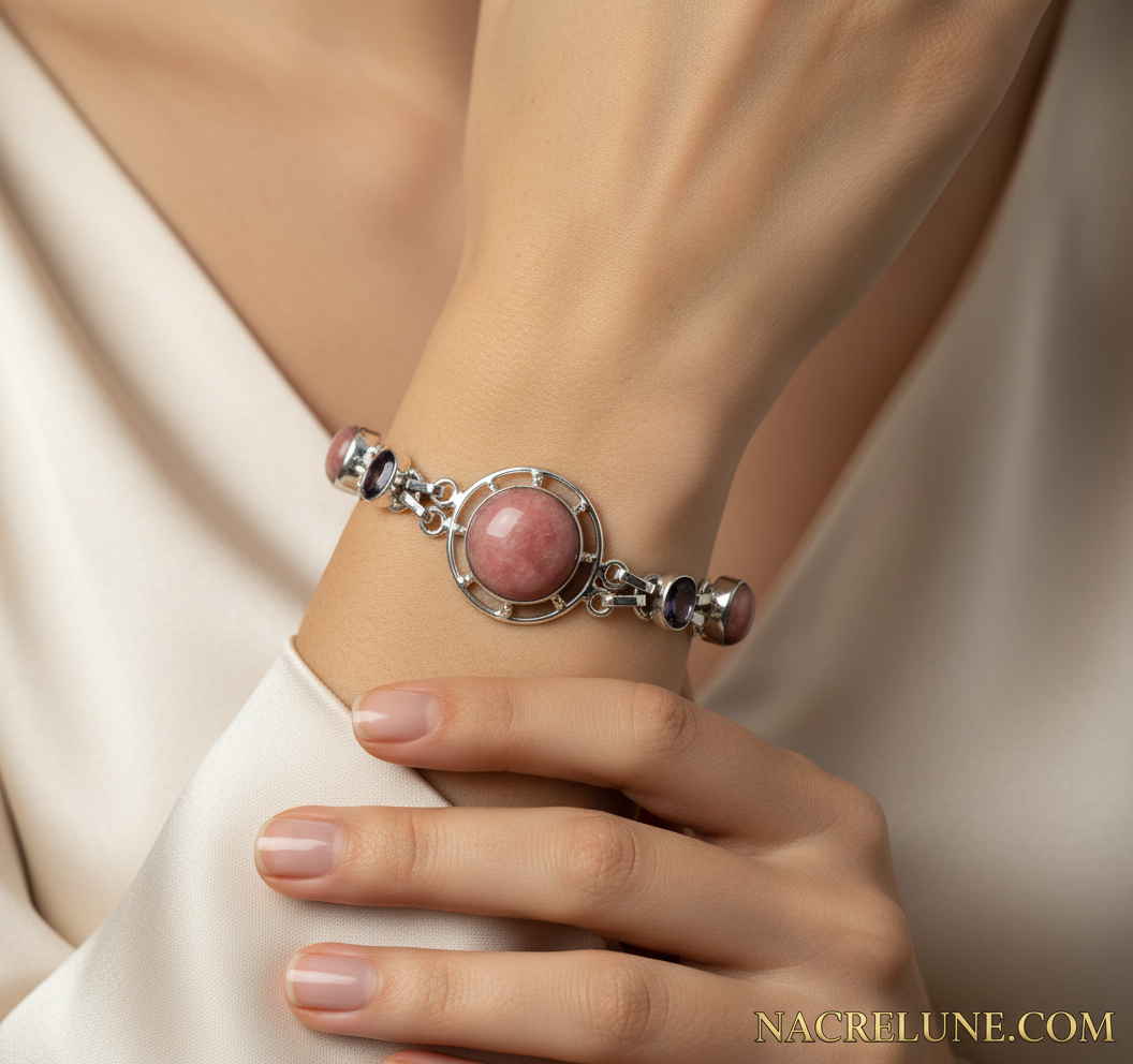 Bracelet en argent avec rhodocrosites et améthystes nacrelune.com bracelet