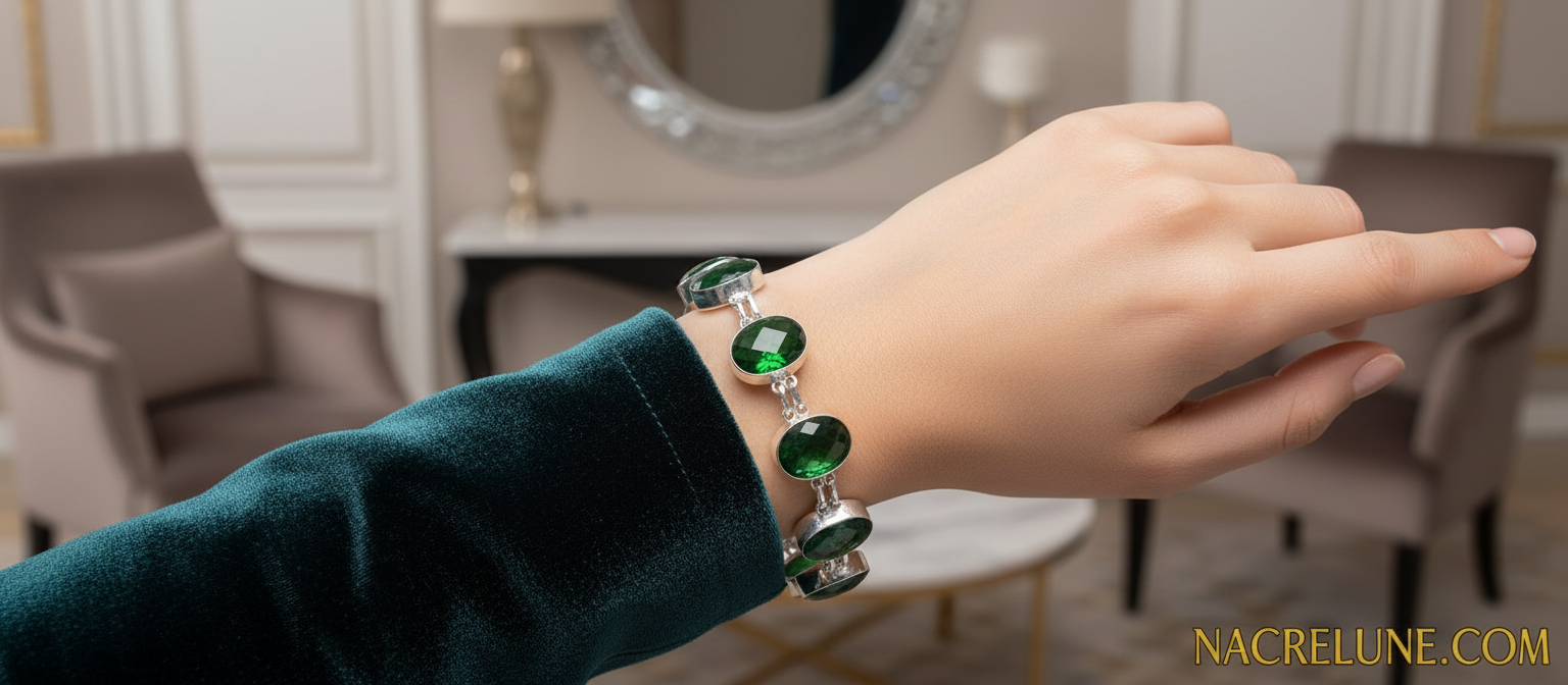 Bracelet en argent avec gros quartz verts taillés NACRELUNE bracelet