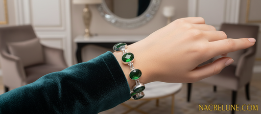 Bracelet en argent avec gros quartz verts taillés NACRELUNE bracelet