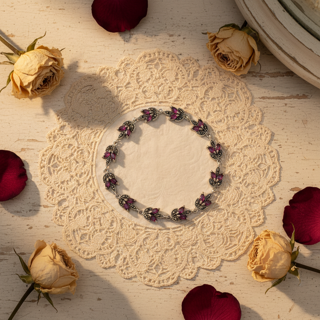 Bracelet en argent et marcassites avec rubis véritables nacrelune.com bracelet