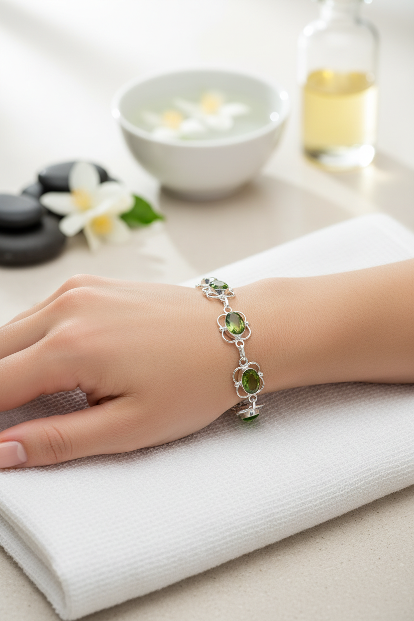 Bracelet en argent avec peridots(olivine) nacrelune.com bracelet