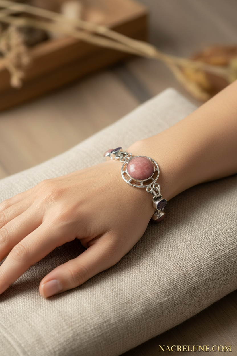 Bracelet en argent avec rhodocrosites et améthystes nacrelune.com bracelet