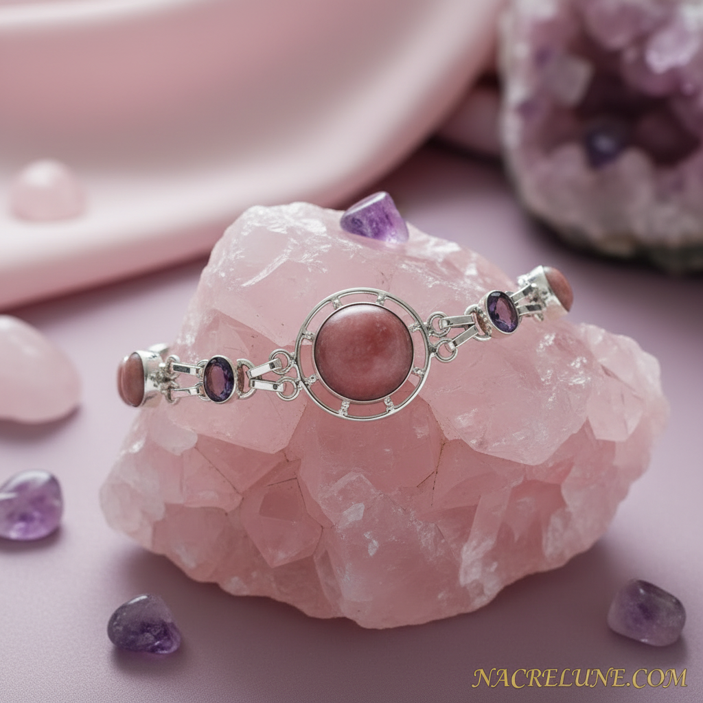 Bracelet en argent avec rhodocrosites et améthystes nacrelune.com bracelet