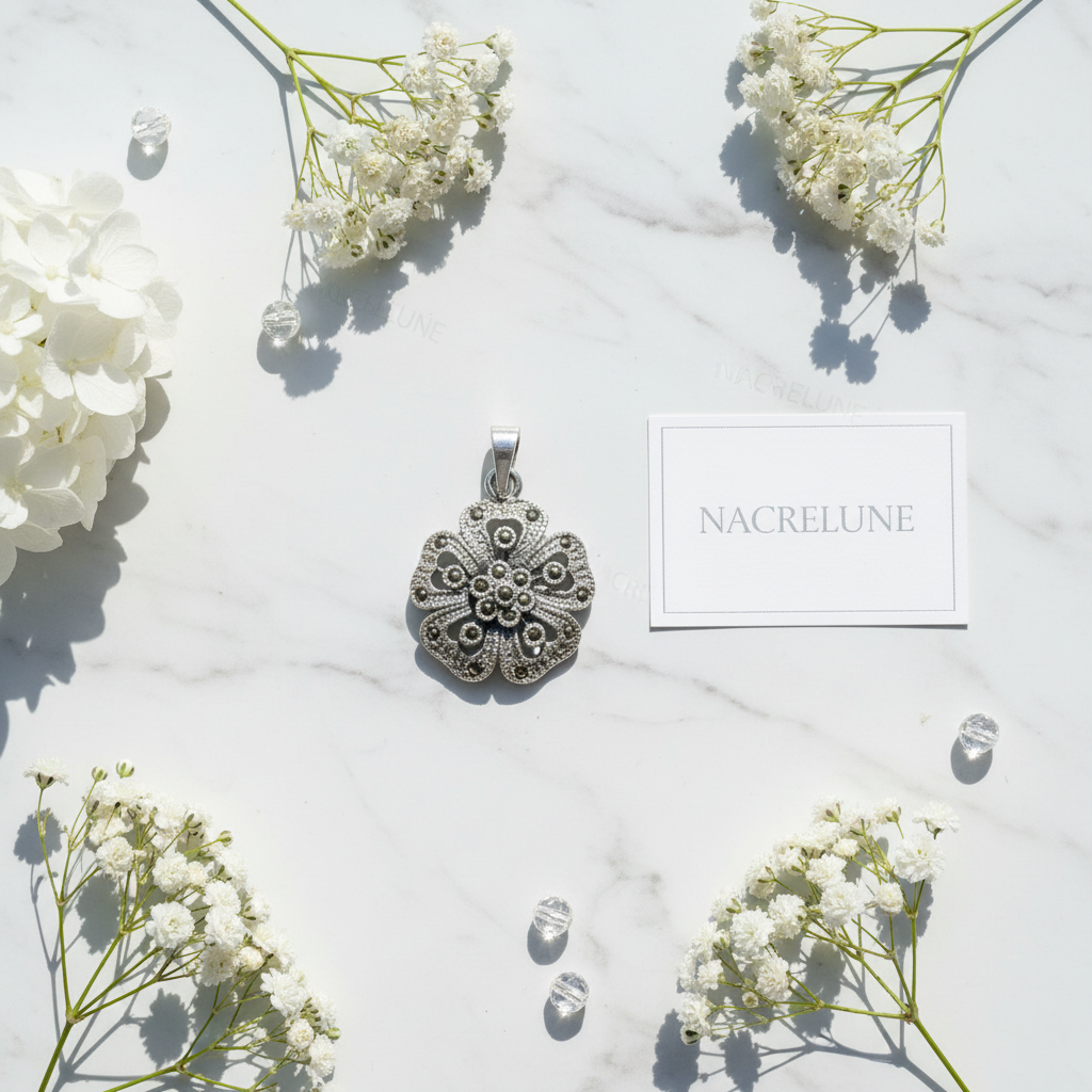 Pendentif en argent 925 et marcassites en forme de fleur nacrelune.com pendentif