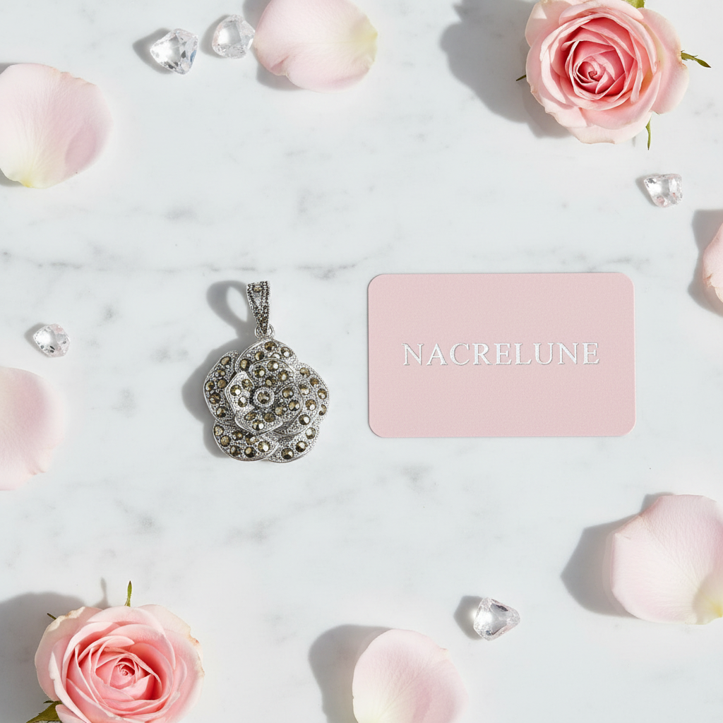 Pendentif Argent 925 & Marcassites | Rose Sculptée Art Déco – Nacrelune nacrelune.com pendentif