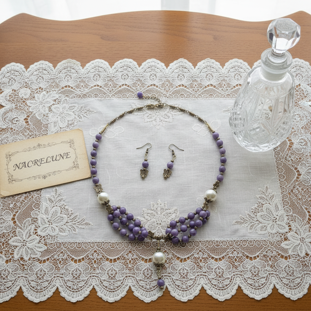 Parure en perles de jades mauves et perles de nacre nacrelune.com parure