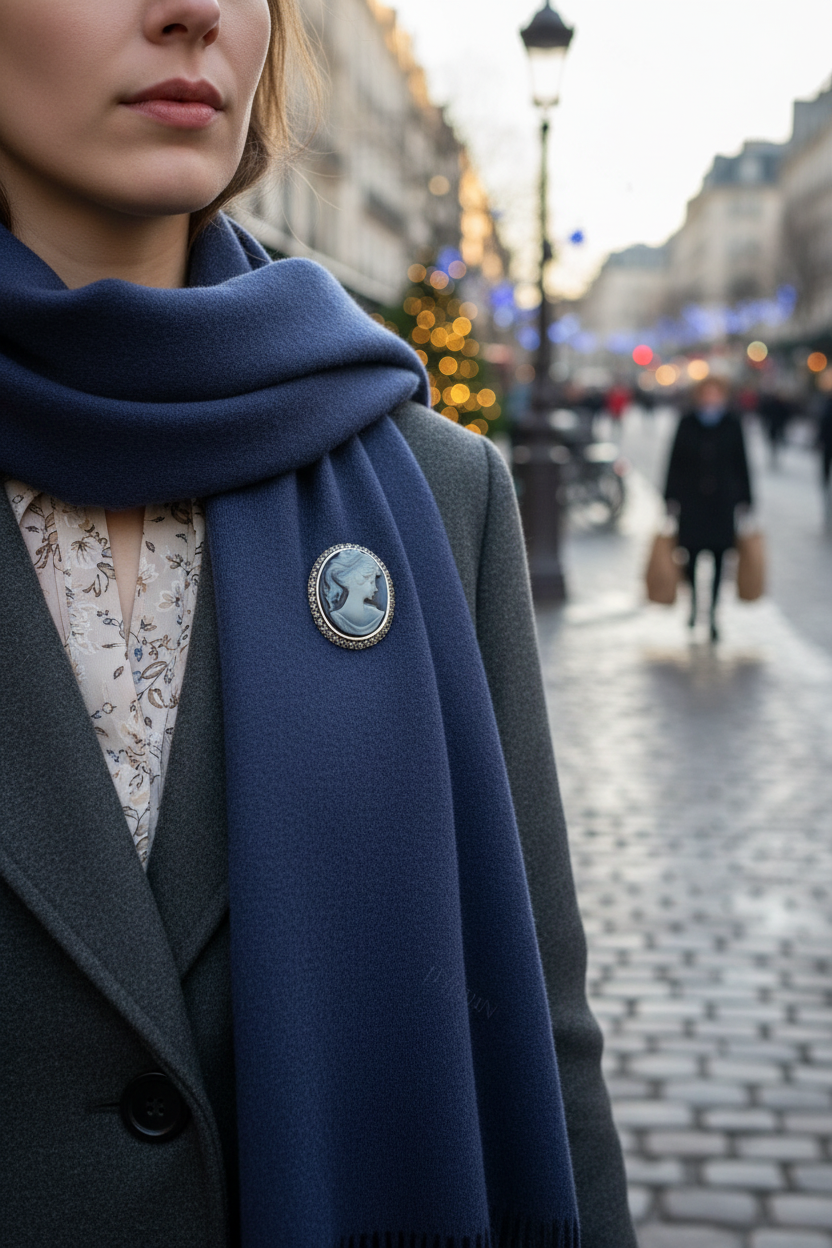 Broche camée bleu portée Paris