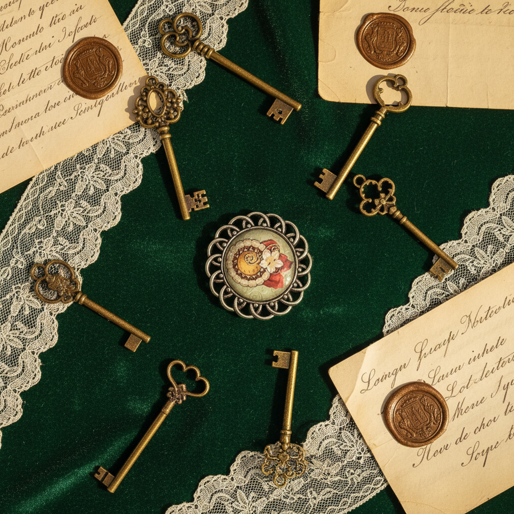 Broche camée steampunk flat lay romantique