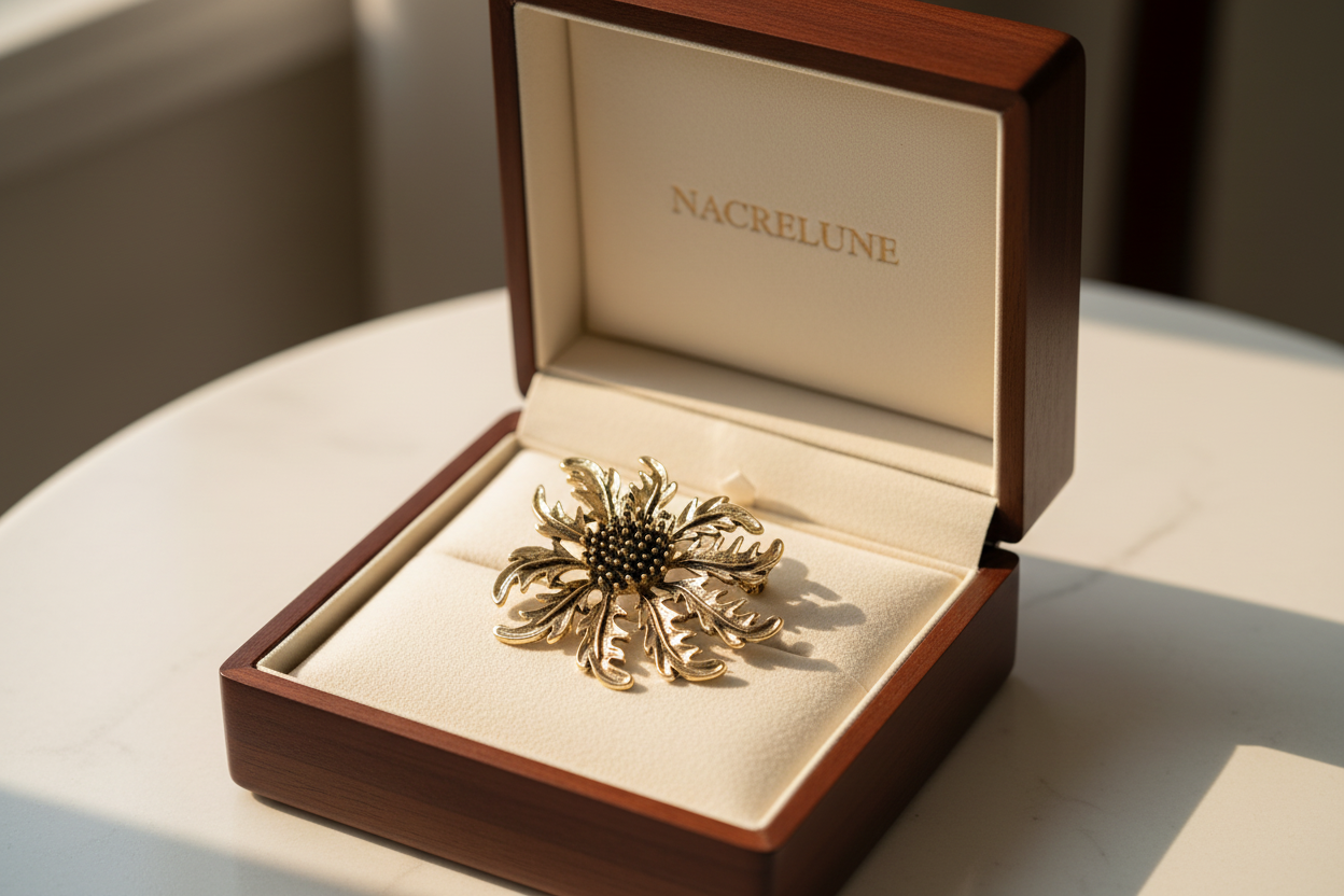 Broche botanique dorée nacrelune.com broche