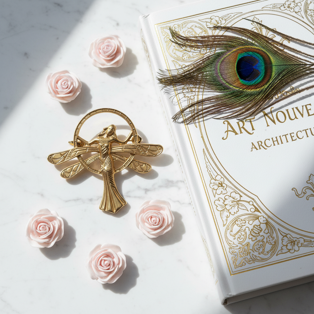 Broche dorée art nouveau flat lay architecture