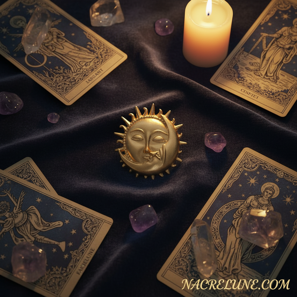 Broche lune soleil flat lay tarot