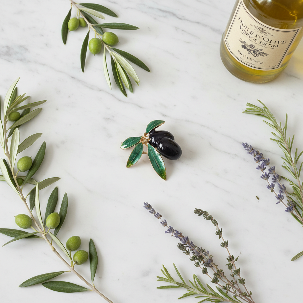 Broche en forme de petite branche d’olivier avec olives noires nacrelune.com broche