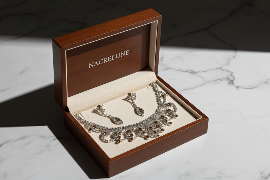 Parure en strass blancs et topazes marron topaze nacrelune.com parure