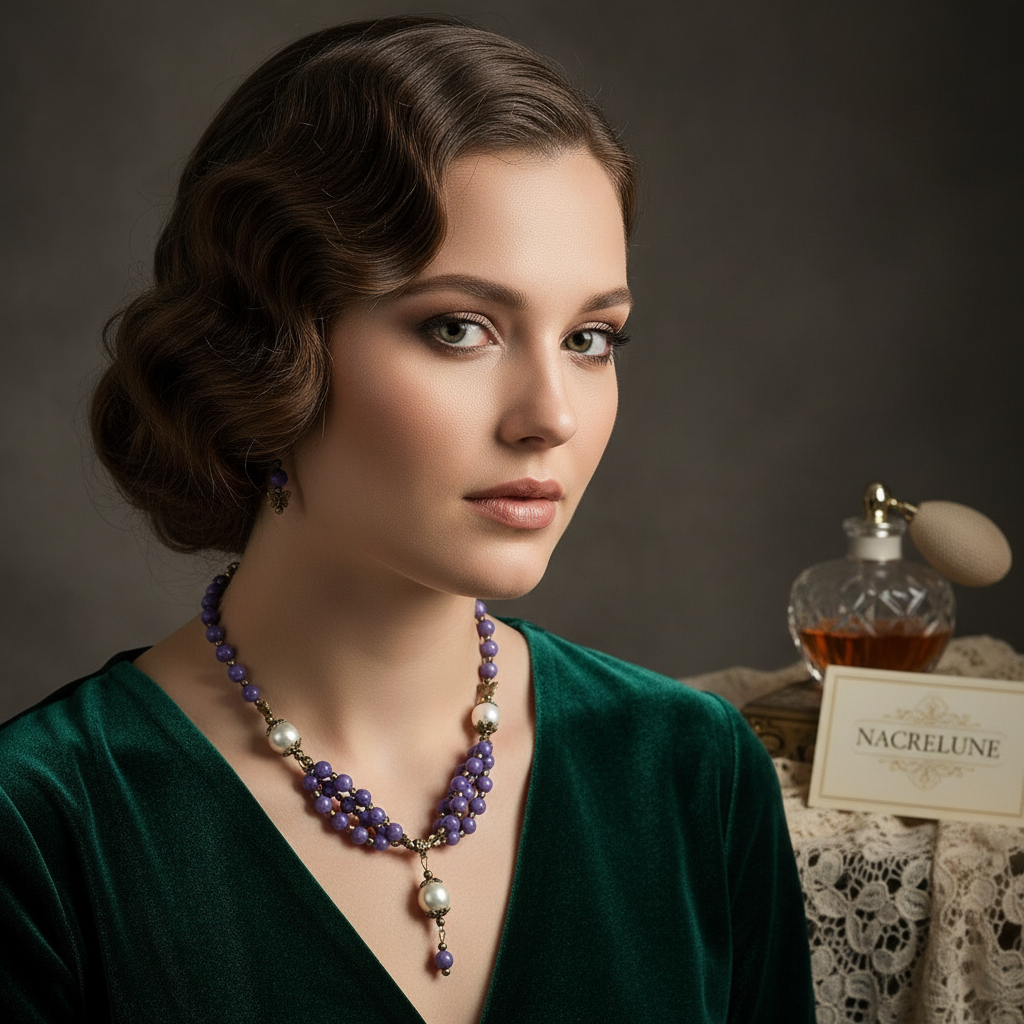 Parure en perles de jades mauves et perles de nacre nacrelune.com parure