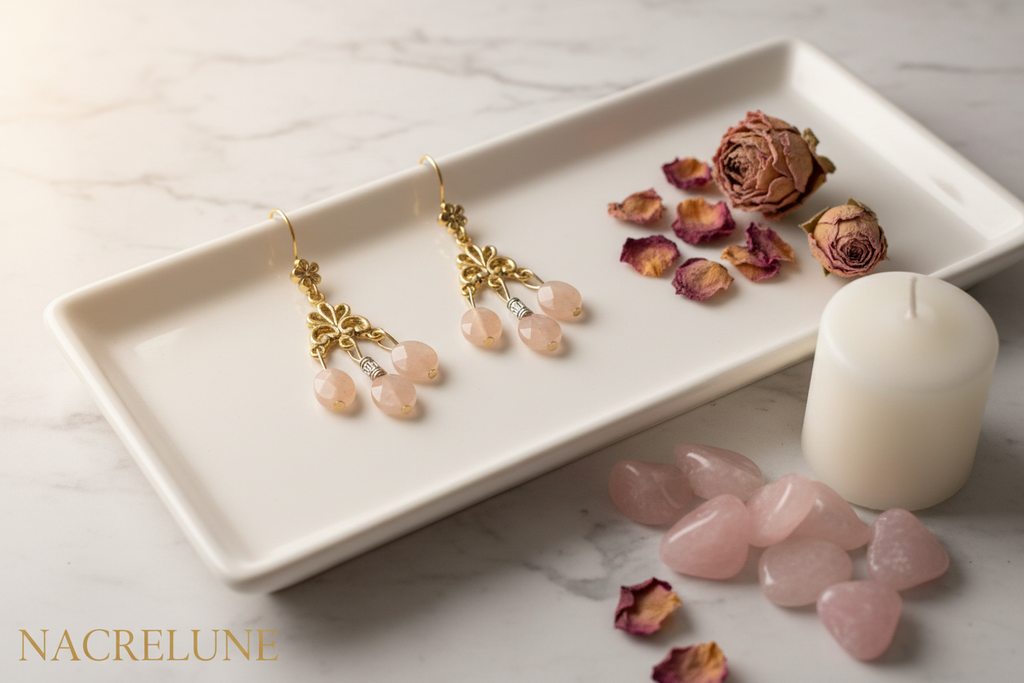 Boucles d'oreille pierres de lune roses – Bijou lithothérapie & douceur lunaire nacrelune.com boucles d'oreille