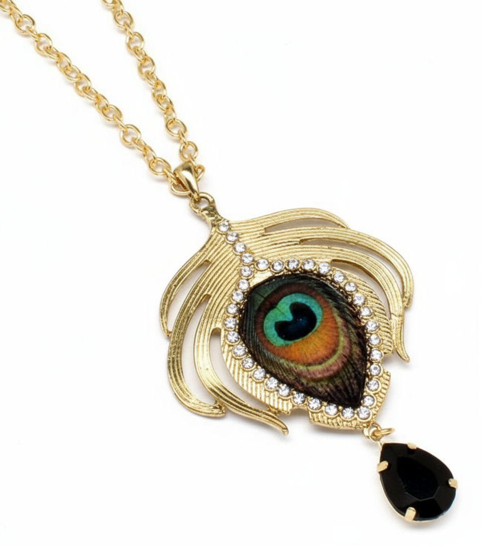 Pendentif fantaisie à longue chaîne représentant plume de paon nacrelune.com pendentif