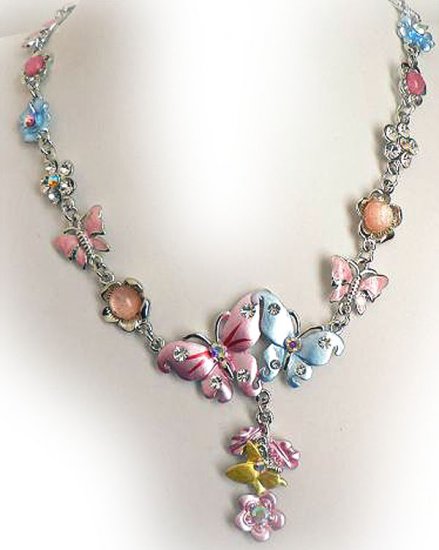 pink and blue enamel butterfly necklace C37