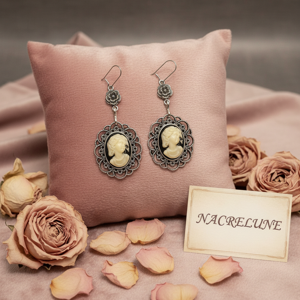 Boucles d’oreille camée jolie dame nacrelune.com boucles d'oreille