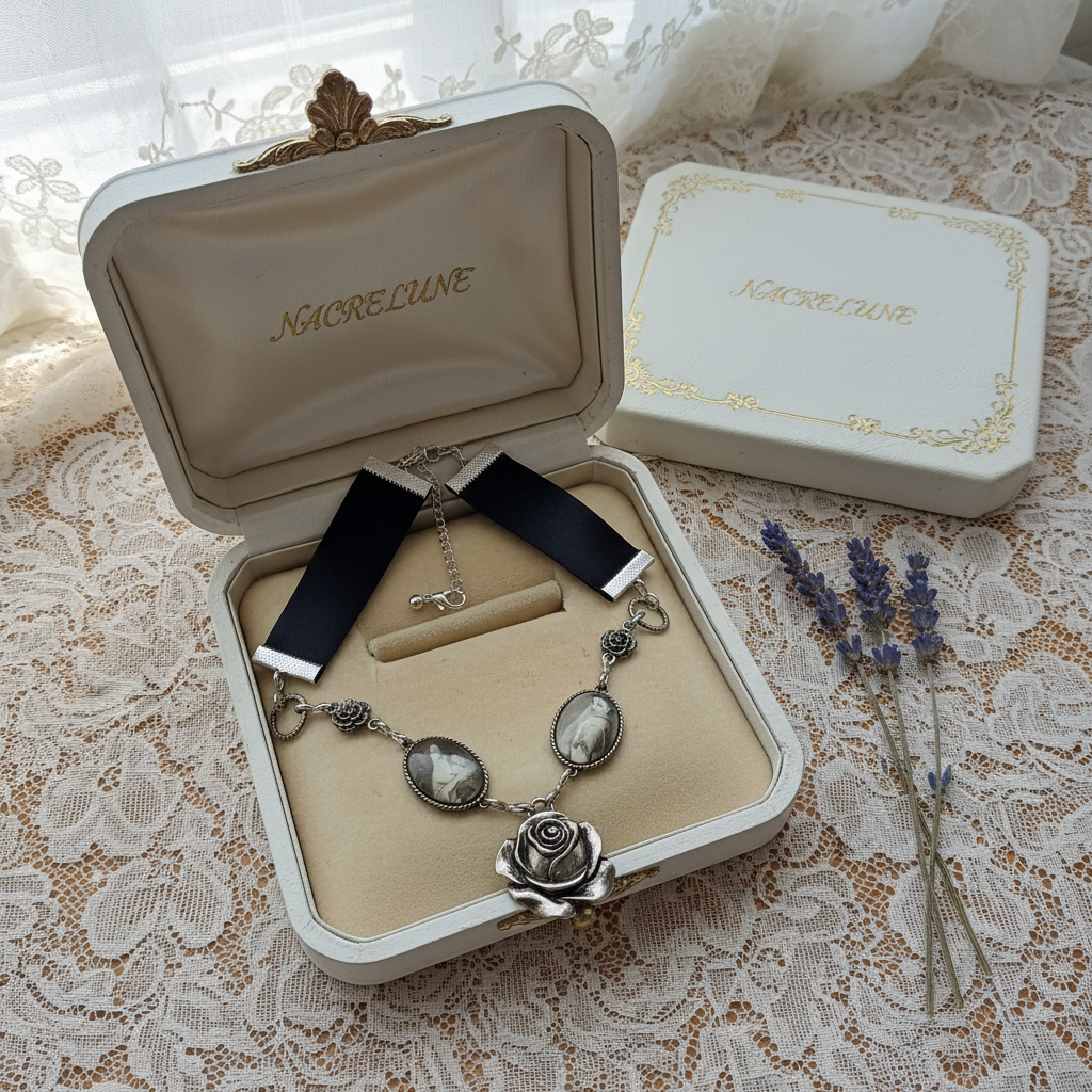 Collier Camées sur Ruban Satin, Dentelle et Vintage Édouardien nacrelune.com collier