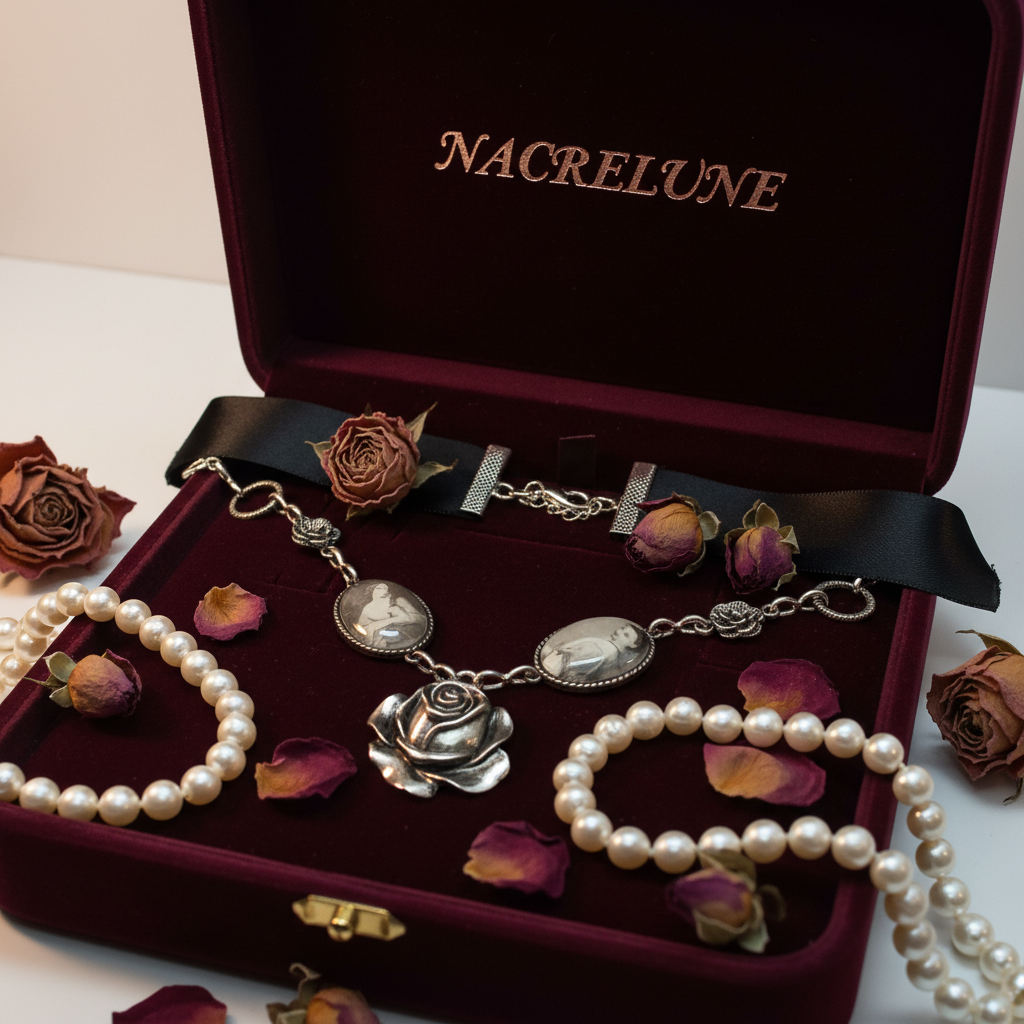 Collier Camées sur Ruban Satin, Dentelle et Vintage Édouardien nacrelune.com collier