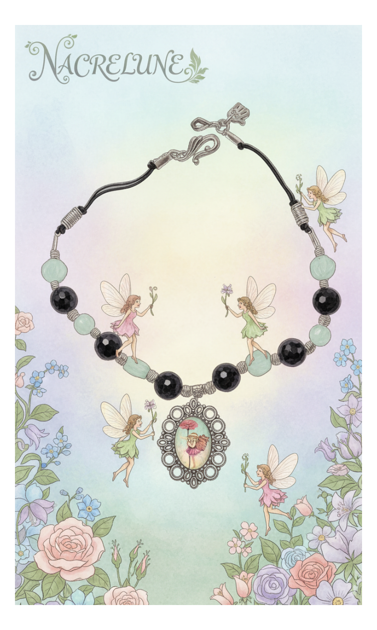 Collier en perles d'aigue marines et grenats véritables avec camée petite fée des fleurs