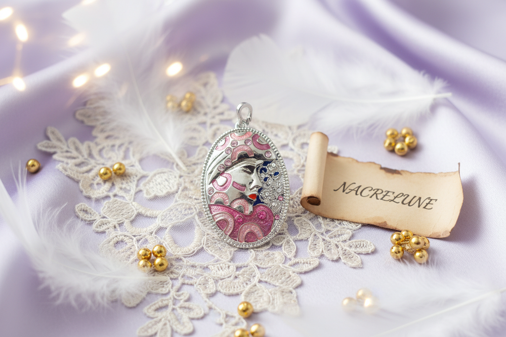 Pendentif en forme de masque, choisissez votre couleur Rose nacrelune.com collier