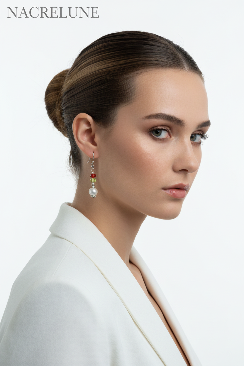 Boucles d'oreille perle de nacre et strass – Monture argentée & éclat cristallin nacrelune.com boucles d'oreille