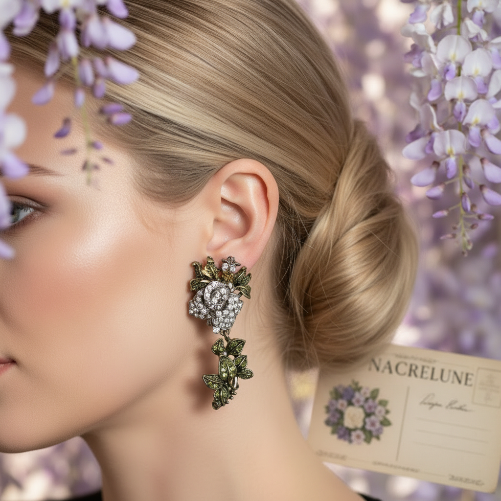 Grandes boucles d'oreille en strass en forme de roses blanches nacrelune.com boucles d'oreille