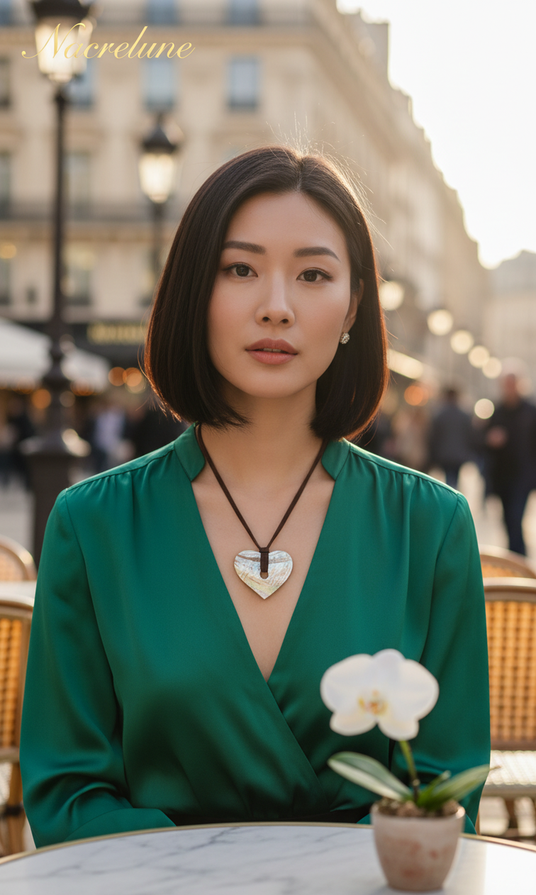 Pendentif coeur en nacre véritable sur lien de cuir