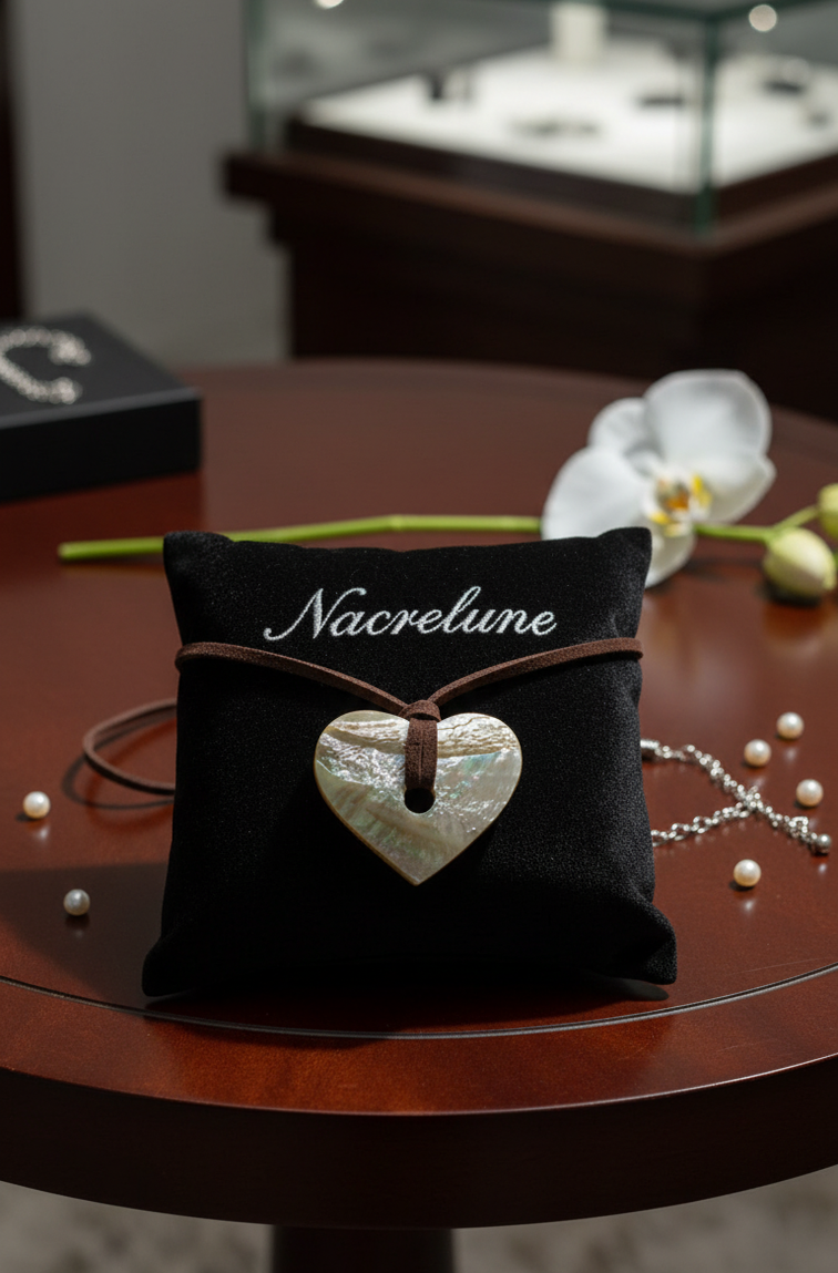 Pendentif coeur en nacre véritable sur lien de cuir