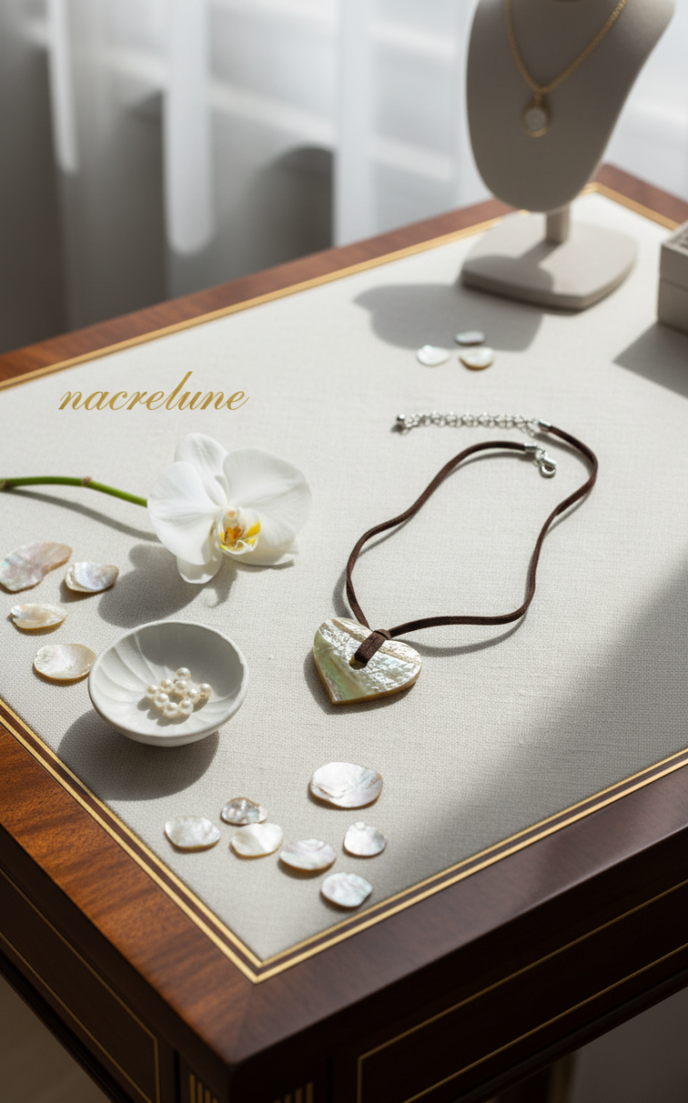 Pendentif coeur en nacre véritable sur lien de cuir
