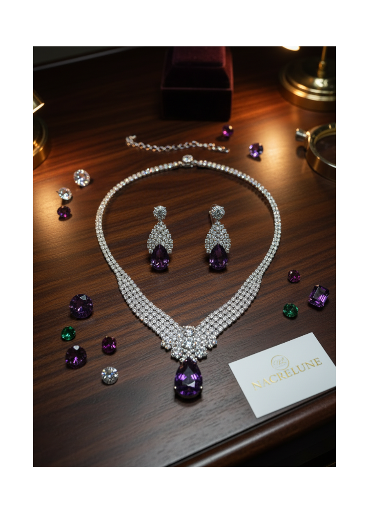 Rhinestone necklace with a large amethyst-colored stone.