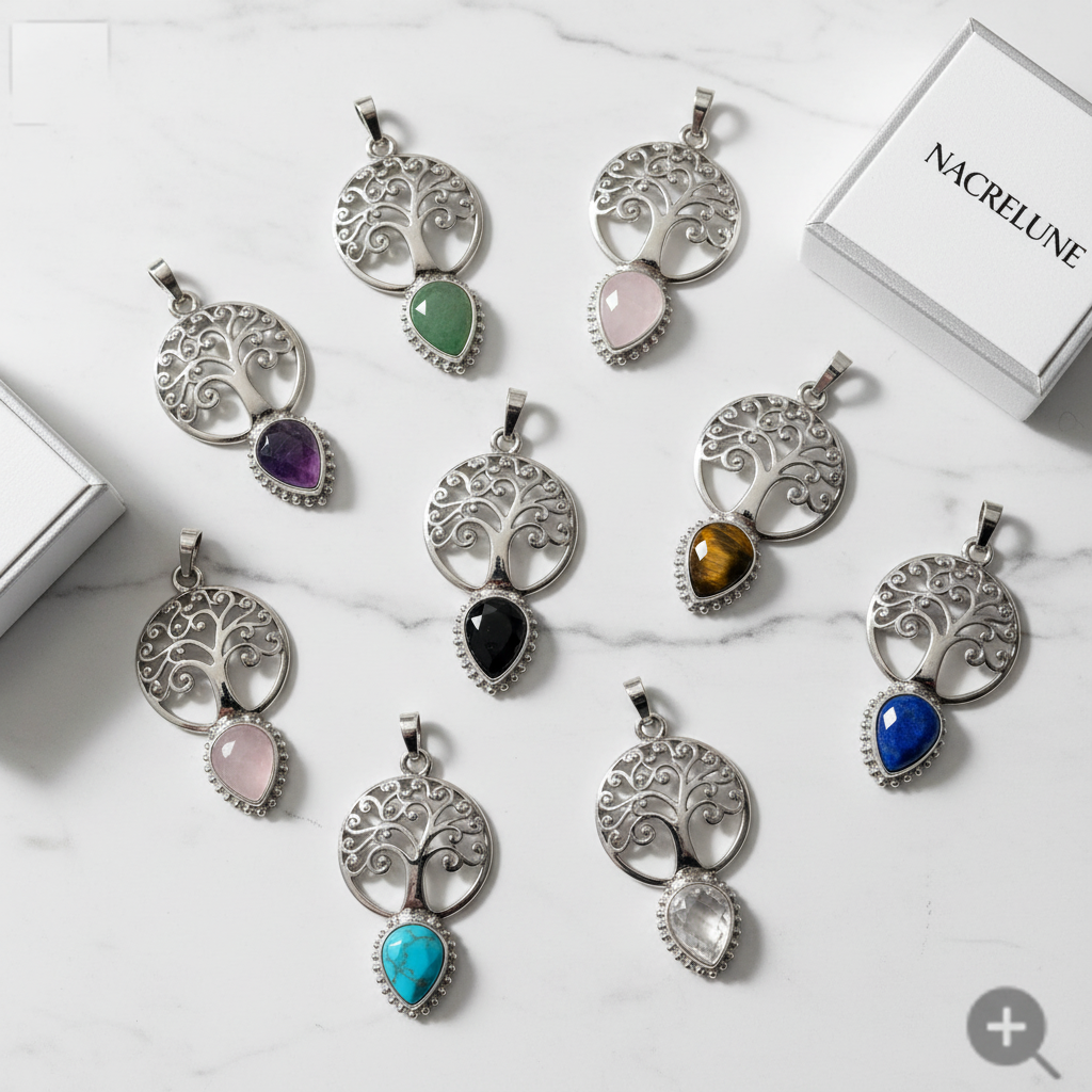 Pendentif Arbre de Vie Laiton avec Pierre Naturelle Lithothérapie nacrelune.com pendentif