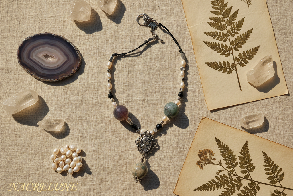 Collier en perles d' agates indiennes polies et petit camée en métal nacrelune.com collier