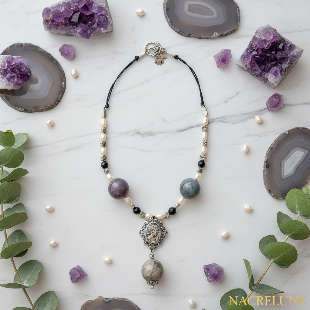 Collier en perles d' agates indiennes polies et petit camée en métal nacrelune.com collier
