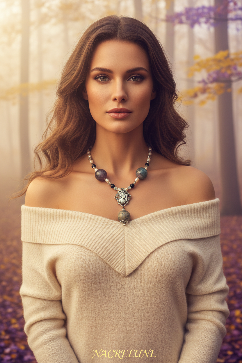 Collier en perles d' agates indiennes polies et petit camée en métal nacrelune.com collier