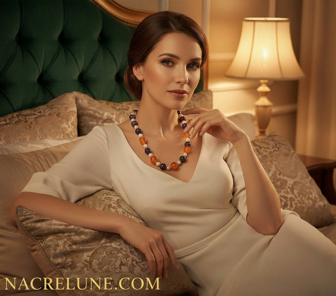 Parure en perles d'améthyste véritable , perles de nacre et ambre pressé NACRELUNE parure