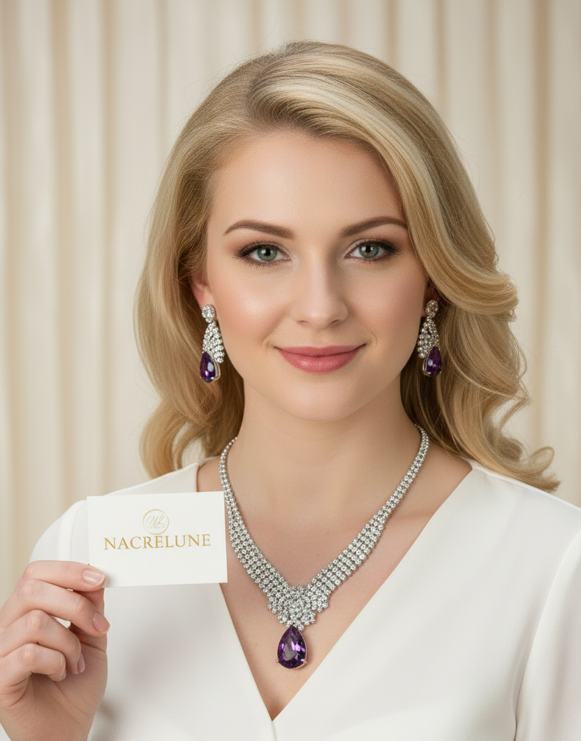Collier en strass avec grande pierre couleur améthyste. nacrelune.com parure