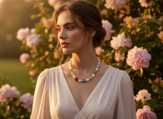 collier en perles de verre décorées et perles de verre dentelle blanche NACRELUNE collier